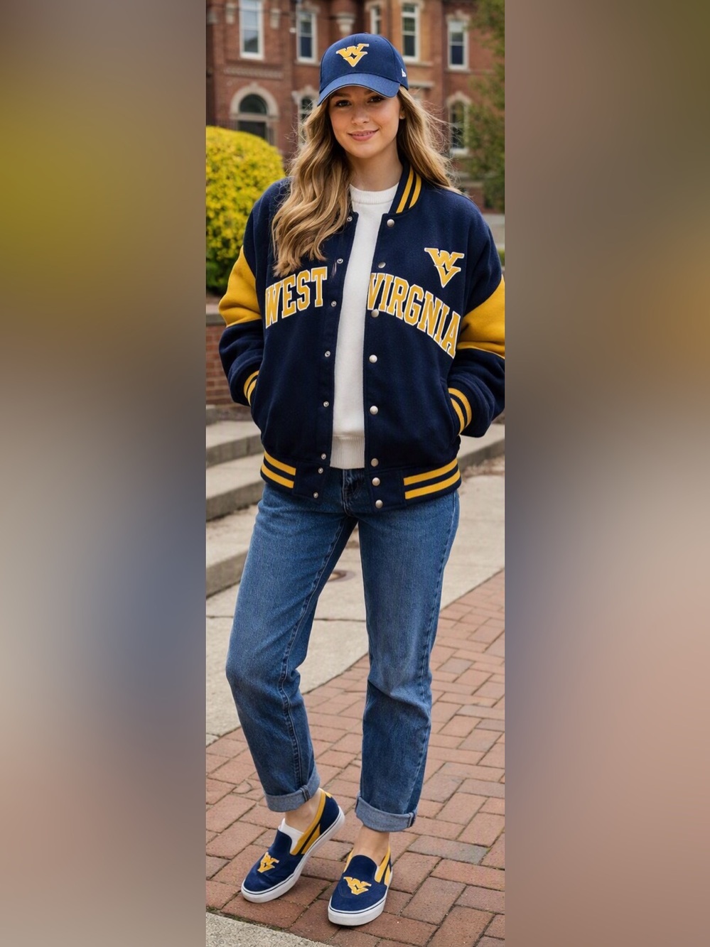 Skicks Women’s WVU Camvas Slide on Shoe in Navy/Gold Sz 10